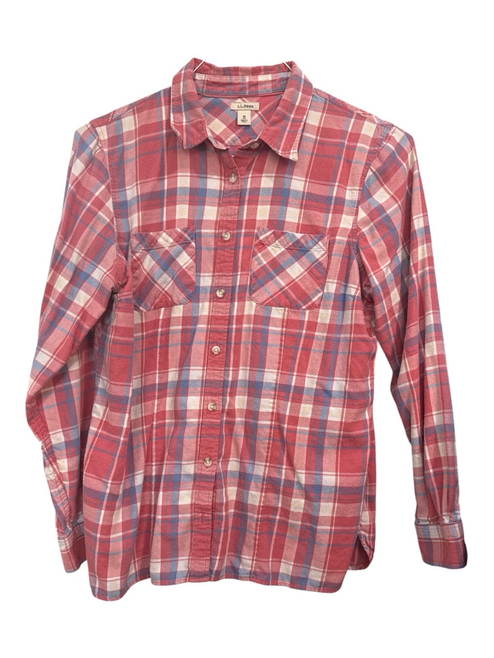 L.L.Bean Pink Blue Plaid Button Front Shirt Medium 100% Cotton Casual Top - Picture 4 of 6